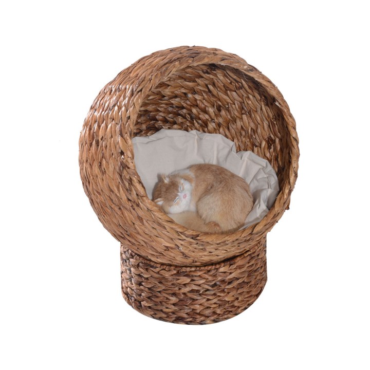 PawHut Rattan Katzenhöhle Katzenbett mit Kissen aus Wasserhyazinthe 50x42x60cm in Hellbraun für gemütliche Rückzugsmöglichkei