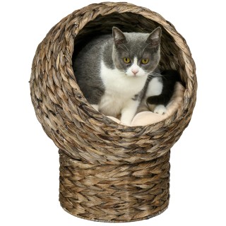 PawHut Rattan Katzenkorb kuschelige Katzenhöhle mit Kissen, Haustierbett aus Wasserhyazinthe dunkelbraun 42x33x52cm für entsp