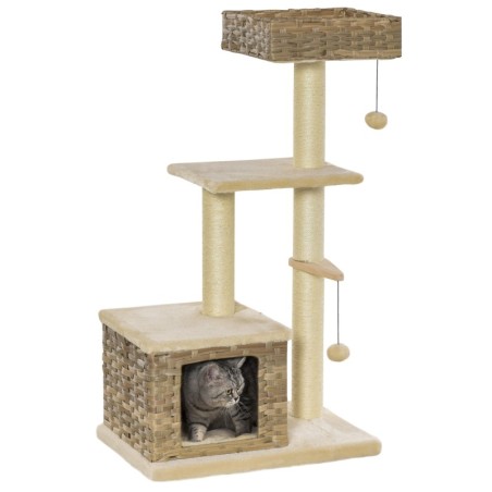 PawHut Kratzbaum für Katzen aus Rattan mit Katzenhöhle, 3 Etagen, Ballspielzeug, Sisal & weichem Plüsch, 108 cm, Braun und Be