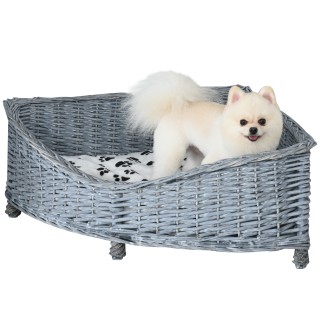 PawHut Hundesofa Rattan Haustierbett für kleine Hunde & Katzen, Eck-Design mit weichem Plüschbezug, grau, 68x68x32cm   Aosom.