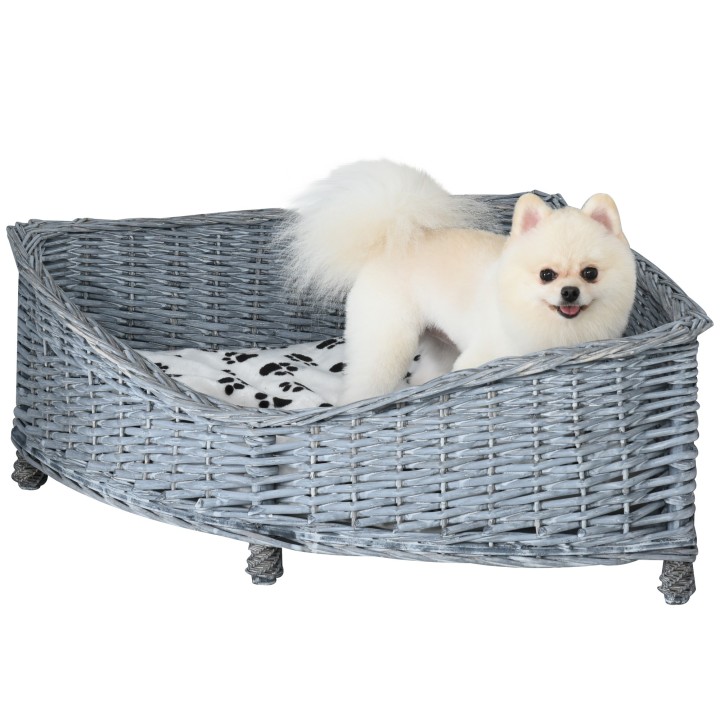 PawHut Hundesofa Rattan Haustierbett für kleine Hunde & Katzen, Eck-Design mit weichem Plüschbezug, grau, 68x68x32cm   Aosom.