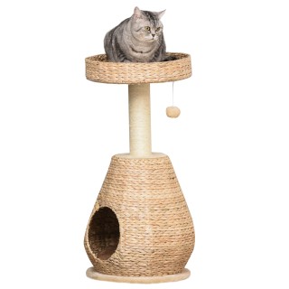 PawHut Kratzbaum Katzenbaum mit Katzenhöhle 82,5H cm, Sisal & Ballspielzeug für kleine Katzen, stabil & farbenfroh in Gelb