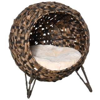 PawHut Rattan Katzenbett Kissen erhöhte Füße Katzenschlafplatz Braun Ø52x58cm   Aosom