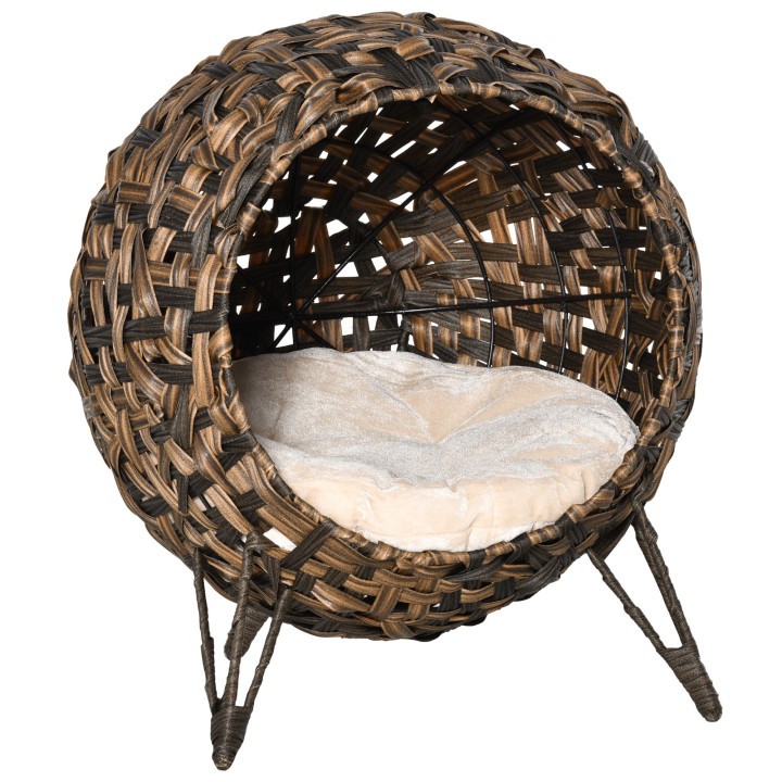PawHut Rattan Katzenbett Kissen erhöhte Füße Katzenschlafplatz Braun Ø52x58cm   Aosom