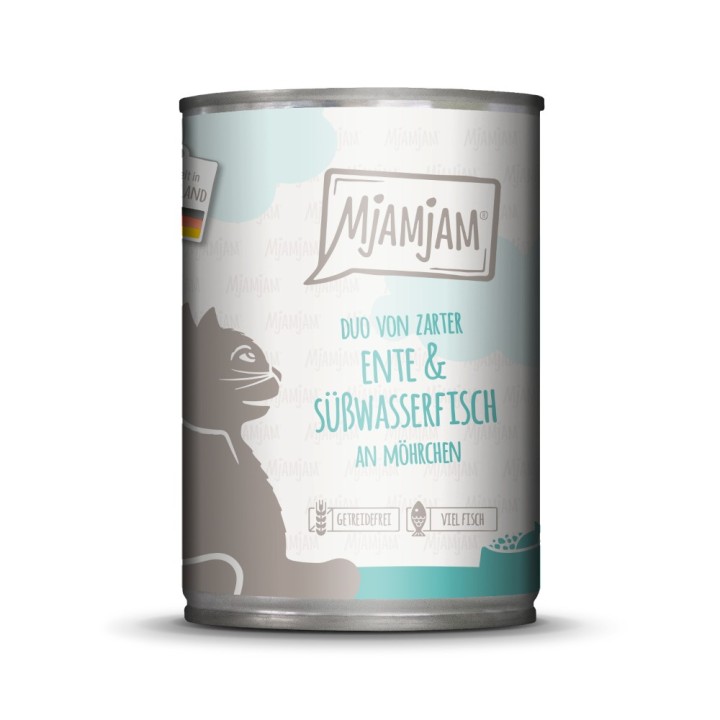MjAMjAM Duo 6 x 400 g - zarte Ente & Süßwasserfisch an Möhrchen