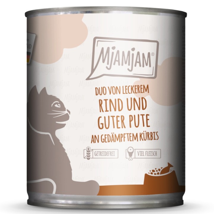 Sparpaket MjAMjAM Duo 12 x 800 g - leckeres Rind & gute Pute an gedämpftem Kürbis