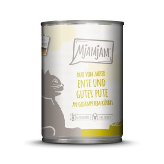 MjAMjAM Duo 6 x 400 g - zarte Ente & gute Pute an gedämpftem Kürbis