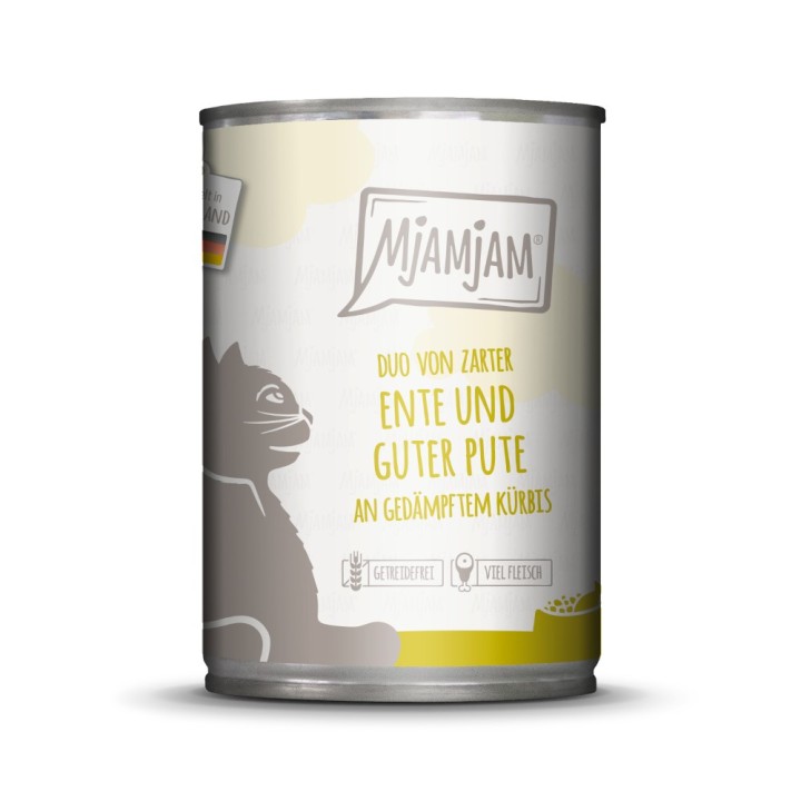 MjAMjAM Duo 6 x 400 g - zarte Ente & gute Pute an gedämpftem Kürbis