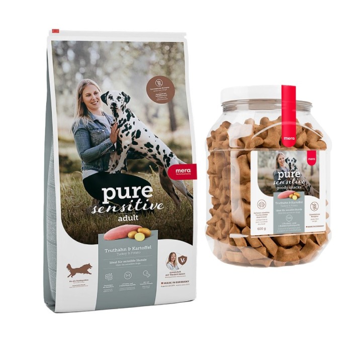 mera pure sensitive Kombi-Paket: 12,5 kg Trockenfutter + 3 x 600 g Goody Snacks - Adult Truthahn & Kartoffel getreidefrei 12,