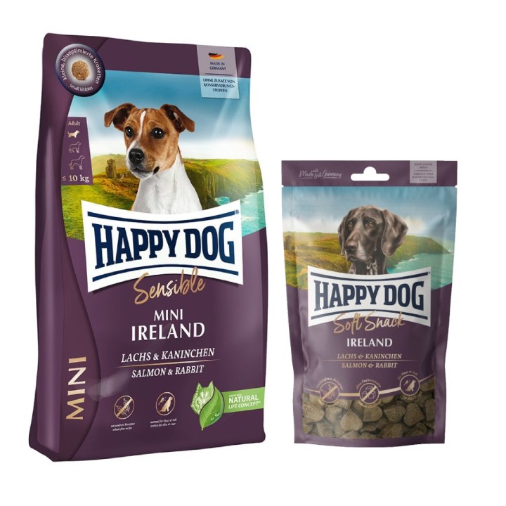 Happy Dog Kombi-Paket: 2 x 4 kg Sensible mini Trockenfutter + 4 x 100 g Soft Snack -  2 x 4 kg Ireland + 4 x 100 g Ireland