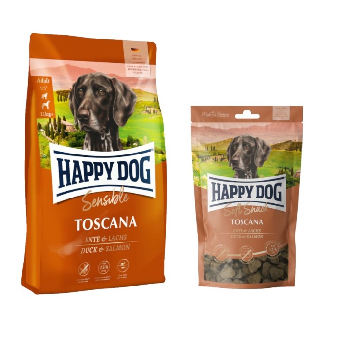 Happy Dog Kombi-Paket:  Supreme Sensible 10 / 12,5 kg + 5 x 100 g Soft Snack - Sensible Toscana 12,5 kg + Toscana 5 x 100 g