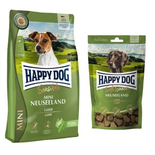 Happy Dog Kombi-Paket: 2 x 4 kg Sensible mini Trockenfutter + 4 x 100 g Soft Snack -  2 x 4 kg Neuseeland +  4 x 100 g Neusee
