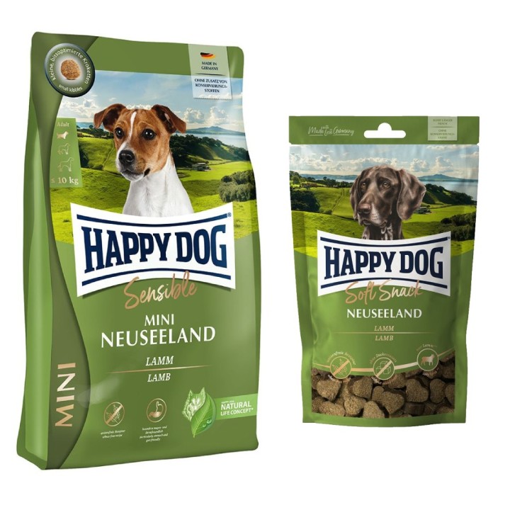 Happy Dog Kombi-Paket: 2 x 4 kg Sensible mini Trockenfutter + 4 x 100 g Soft Snack -  2 x 4 kg Neuseeland +  4 x 100 g Neusee