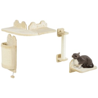 PawHut Katzen Kletterwand Set, 4-teilig Katzenmöbel mit Sitzplattform, Eckplattform, Spielball und Bogen-Kratzbrett, für Katz