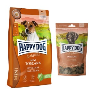 Happy Dog Kombi-Paket: 2 x 4 kg Sensible mini Trockenfutter + 4 x 100 g Soft Snack -  2 x 4 kg Toscana + 4 x 100 g Toscana