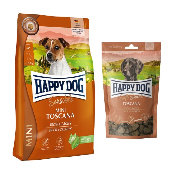 Happy Dog Kombi-Paket: 2 x 4 kg Sensible mini Trockenfutter + 4 x 100 g Soft Snack -  2 x 4 kg Toscana + 4 x 100 g Toscana