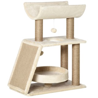 PawHut Katzen Kratzbaum Klein 76cm mit Spielball & Sitzplatz, Indoor Kletterturm mit Bett & Kratzbrett, hellbraun für Katzen