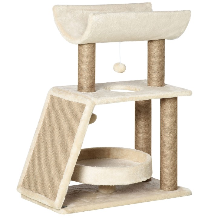 PawHut Katzen Kratzbaum Klein 76cm mit Spielball & Sitzplatz, Indoor Kletterturm mit Bett & Kratzbrett, hellbraun für Katzen
