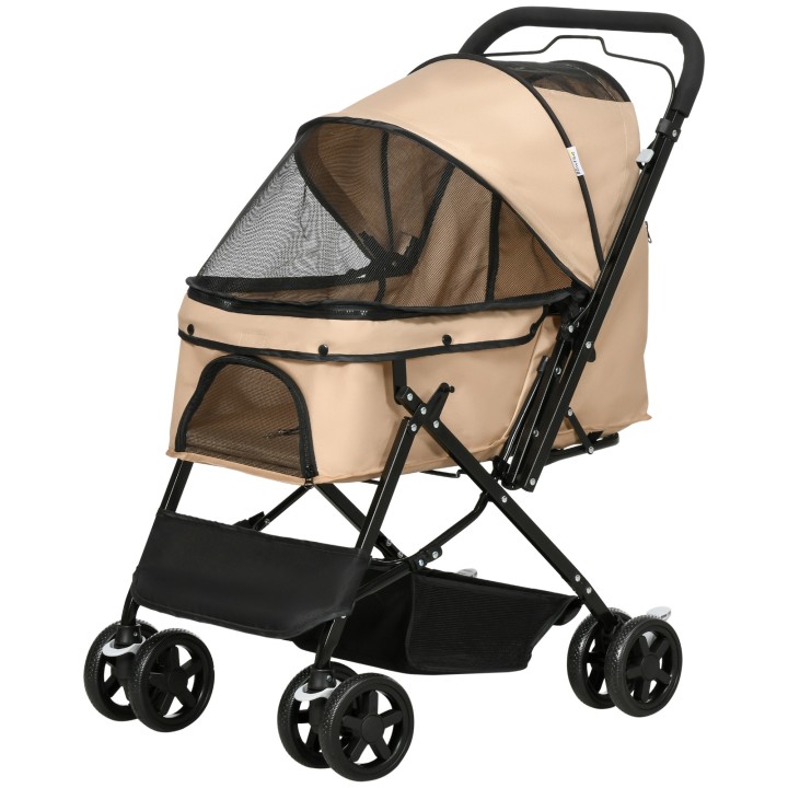 PawHut Hundebuggy Hundewagen für kleine Hunde & Katzen, Haustierwagen Oxford Hellbraun 76,5 x 52 x 95 cm, bequem & mobil   Ao