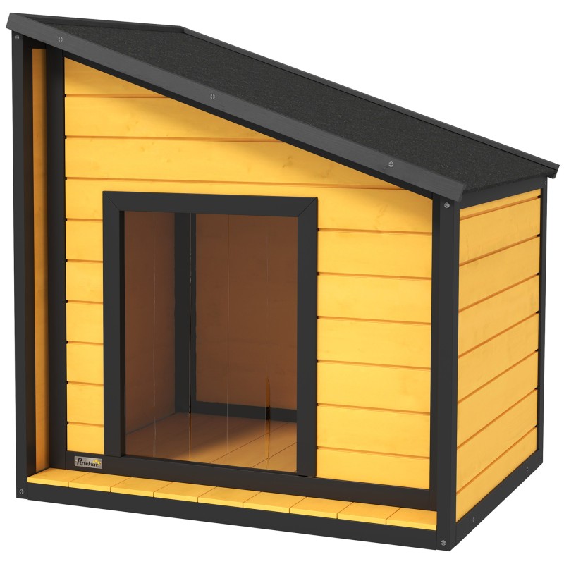 PawHut Hundehütte aus Holz, Hundehaus mit zu öffnendem Asphaltdach und Türvorhang, Outdoor Hundehaus, Kleintierhaus für klein