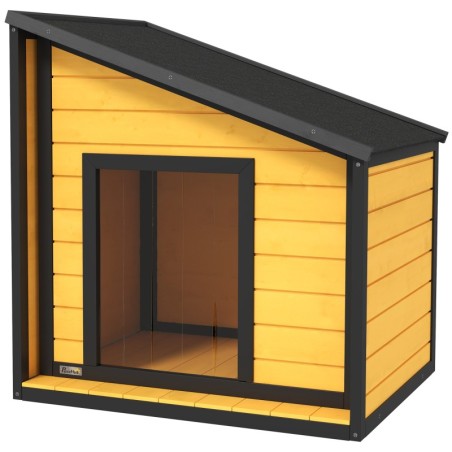 PawHut Hundehütte aus Holz, Hundehaus mit zu öffnendem Asphaltdach und Türvorhang, Outdoor Hundehaus, Kleintierhaus für klein