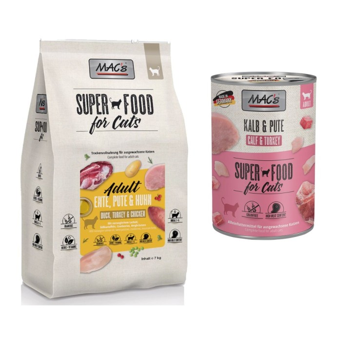 MAC´s Kombi-Paket: 12 x 400 g Nassfutter + 2 x 1,5 kg Superfood Trockenfutter   - 12 x 400 g Kalb & Pute + 2 x 1,5 kg Adult E
