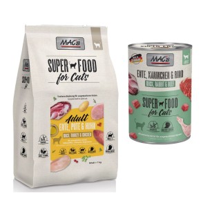 MAC´s Kombi-Paket: 12 x 400 g Nassfutter + 2 x 1,5 kg Superfood Trockenfutter   - 12 x 400 g Ente, Kaninchen, Rind + 2 x 1,5