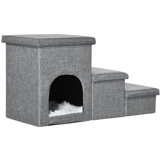PawHut Hundetreppe 3-stufige Katzentreppe mit Höhle und Stauraum, 3-in-1 Haustierrampe bis 10 kg, bequemes Kissen, Hellgrau
