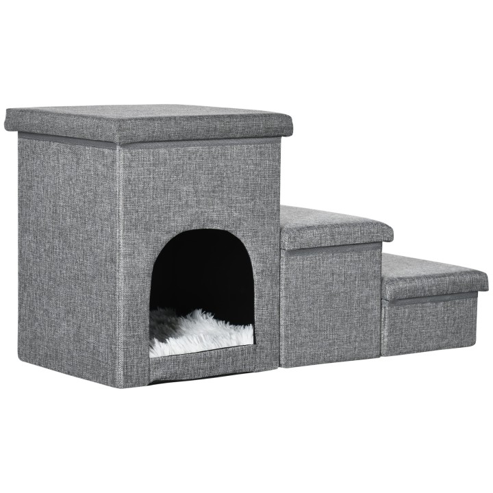 PawHut Hundetreppe 3-stufige Katzentreppe mit Höhle und Stauraum, 3-in-1 Haustierrampe bis 10 kg, bequemes Kissen, Hellgrau