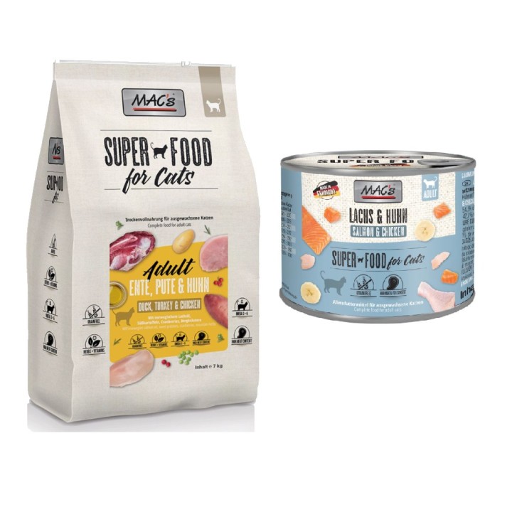 MAC´s Kombi-Paket: 12 x 200g Nassfutter + 2 x 1,5 kg Superfood Trockenfutter  - 12 x 200 g Lachs & Hühnchen + 2 x 1,5 kg Adul