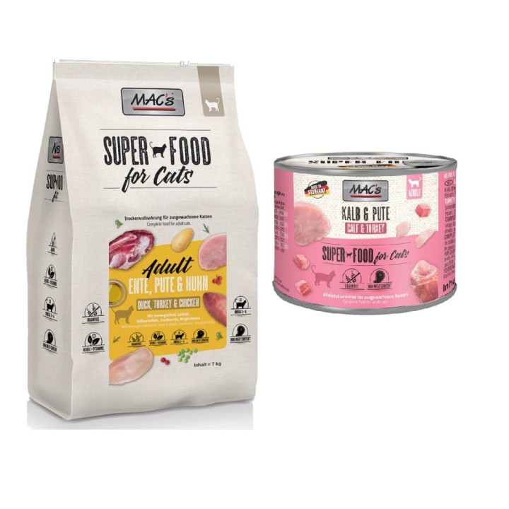 MAC´s Kombi-Paket: 12 x 200g Nassfutter + 2 x 1,5 kg Superfood Trockenfutter - 12 x 200 g Kalb & Pute + 2 x 1,5 kg Adult Ente