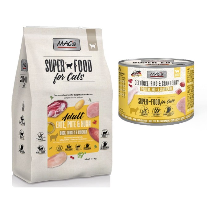 MAC´s Kombi-Paket: 12 x 200g Nassfutter + 2 x 1,5 kg Superfood Trockenfutter  - 12 x 200 g Geflügel, Rind & Cranberry + 2 x 1