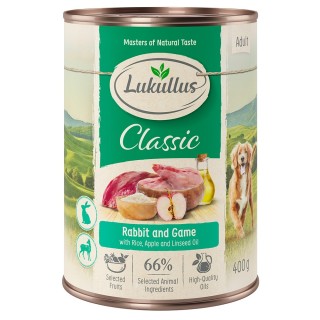 Lukullus Naturkost Einzeldose 1 x 400 g - Kaninchen, Wild, Naturreis, Apfel, Leinöl