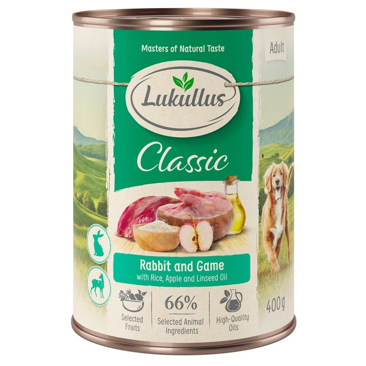 Lukullus Naturkost Einzeldose 1 x 400 g - Kaninchen, Wild, Naturreis, Apfel, Leinöl