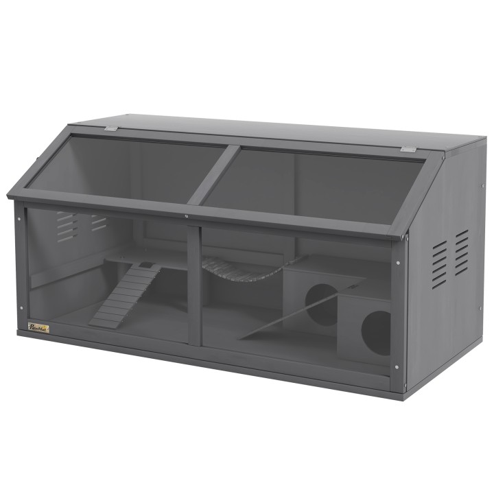 PawHut Hamsterkäfig aus holz, 100cm Nagerhaus, Kleintierstall, Spielhaus mit Hängebrücke, Leitern, zu öffnendes Dach, Hütte,