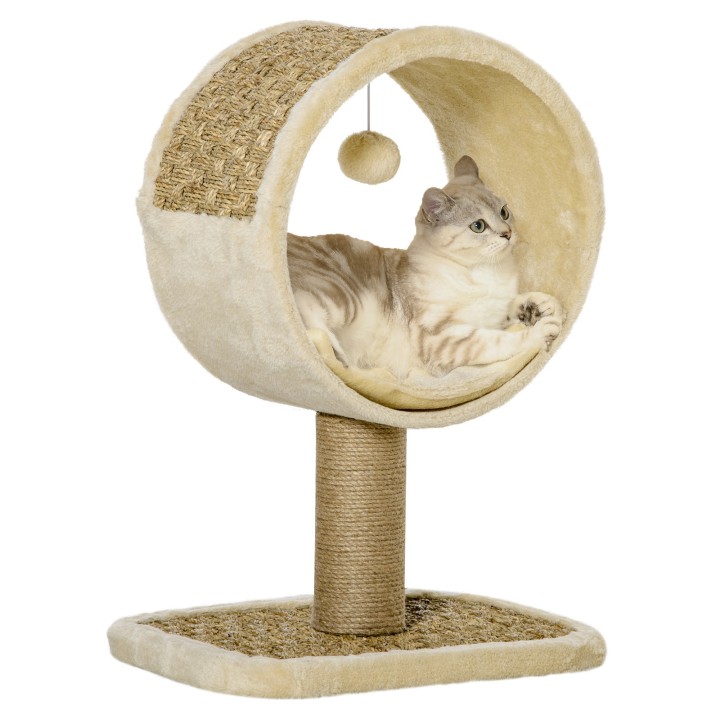 PawHut Kratzbaum klein, H56 cm, mit großem Kreis für kleine Katzen, Katzenbaum mit Spielball,stabil, Hellbraun 40 x 30 x 56 c