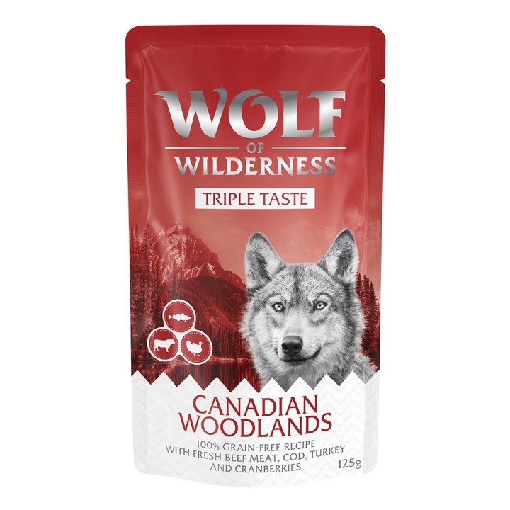 Wolf of Wilderness Adult - "Triple Taste" 12 x 125 g Canadian Woodlands - Rind, Kabeljau, Truthahn