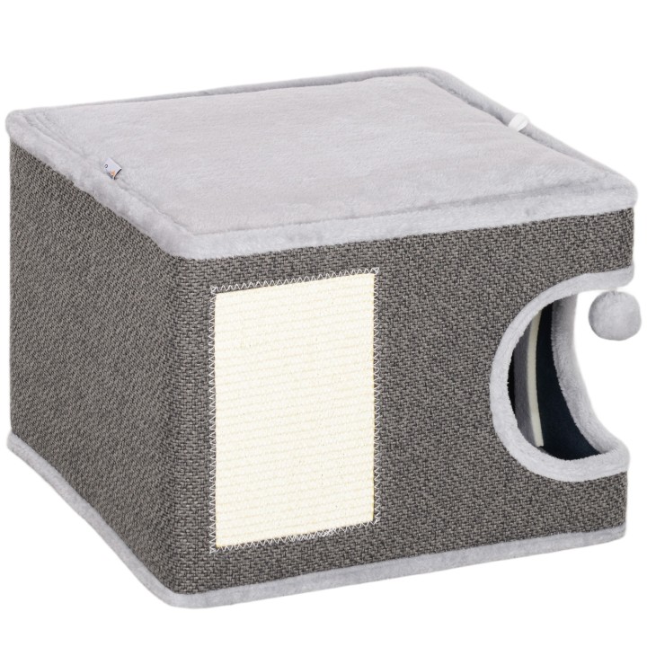 PawHut Kratztonne, 35 cm hoch Katzentonne mit Höhle, Kratzbaum mit Spielball, Katzenturm aus Sisal, für Katze bis 6 kg, Dunke