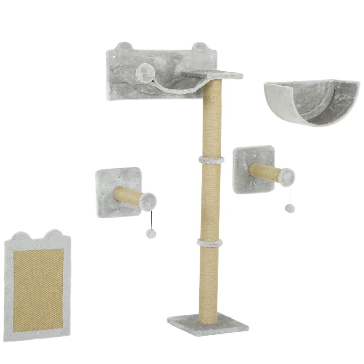 PawHut Katzen Kletterwand 5 tlg. Klettern Katzenkratzbaum mit Kratzpfosten, Hängematte, Sprungplatt, Wandkratzbaum, Wand Katz