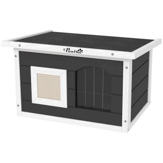 PawHut Katzenhaus aus Holz Katzenhöhle mit Kratzmatte, Türklappe, Wetterfest Katzenhütte mit Klappdach, herausnehmbarem Boden