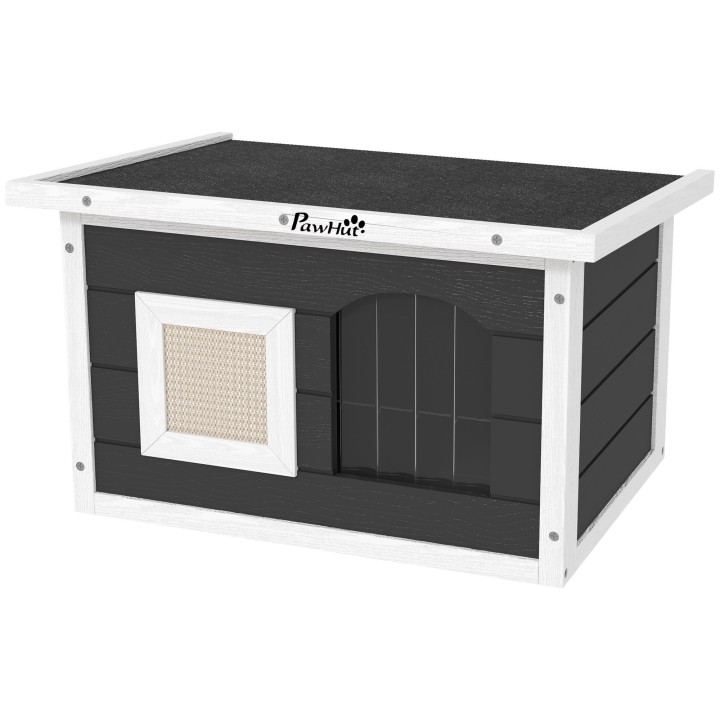 PawHut Katzenhaus aus Holz Katzenhöhle mit Kratzmatte, Türklappe, Wetterfest Katzenhütte mit Klappdach, herausnehmbarem Boden