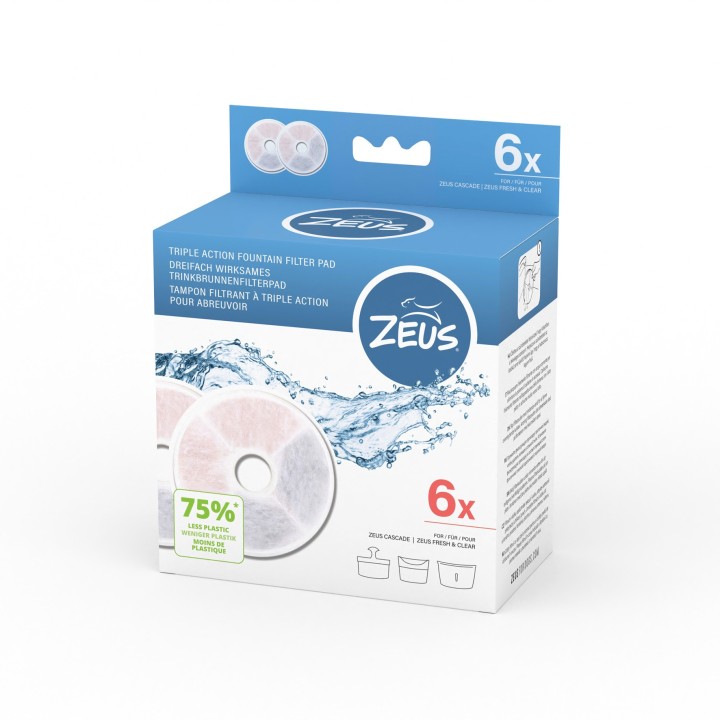 Zeus Fresh & Clear Trinkbrunnen mit Spritzschutz - Zubehör: Triple Action Filter rahmenlos (6 Stück)
