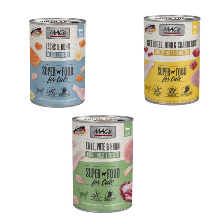MAC´s Kombi-Paket 18 x 400 g Nassfutter - 6 x 400 g Pute, Rind & Heidelbeeren + 6 x 400 g Ente, Pute, Huhn + 6 x 400 g Kalb &