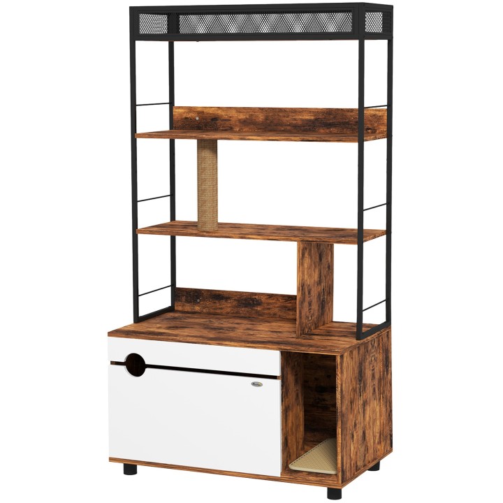 PawHut 2-in-1 Katzenklo Schrank, Katzenklo mit 3-Ebenen-Regal, Kratzpfosten, Klapptür, Katzenhaus für Katze unter 6 kg, 80 x