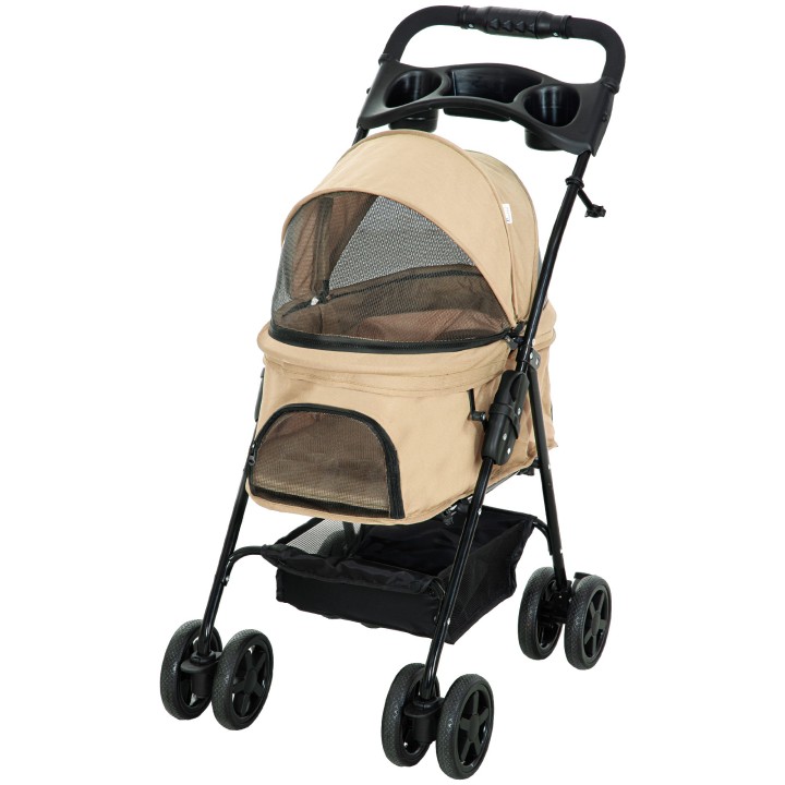 PawHut Hundewagen Hundebuggy Klappfunktion Pet Stroller für kleine Hunde Katzen Haustierwagen Oxford Khaki 67x45x96cm   Aosom
