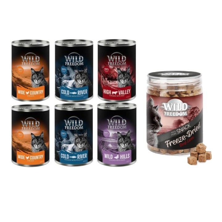Wild Freedom Kombi-Paket: 24 x 400 g Adult Nassfutter + 3 x 45 g RAW - Mixpaket 2 (Huhn, Seelachs, Rind, Ente) + Hühnerherzen