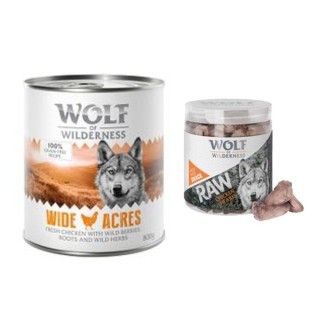 Wolf of Wilderness Kombi-Paket: 24 x 800 g Nassfutter + 4 x 70 g RAW Snacks - Wide Acres - Huhn + Hühnerherzen