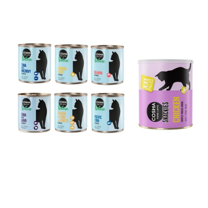 Cosma Kombi-Paket: 24 x 280 g Nature + 2 x 200 g Maxi Snackie XXL - Mixpaket 2 (6 Sorten) + Hühnchen