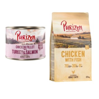 Purizon Kombi-Paket: 24 x 200 g Nassfutter + 2,5 kg Trockenfutter - Hühnerfilet mit Truthahn & Lachs + Original Huhn mit Fisc