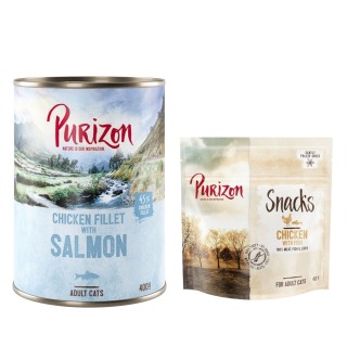 Purizon Kombi-Paket: Adult Nassfutter + Snack  - 24 x 400 g Hühnerfilet mit Lachs + 3 x 40 g Huhn mit Fisch